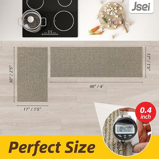 JSEI Kitchen Rugs and Mats, 2PCS Non-Slip Kitchen Mats for Floor, Machine Washable Absorbent and Stain Resistant Kitchen Runner, Carpet Mats with TPR Backing, 17''x30''+17''x48'', Beige