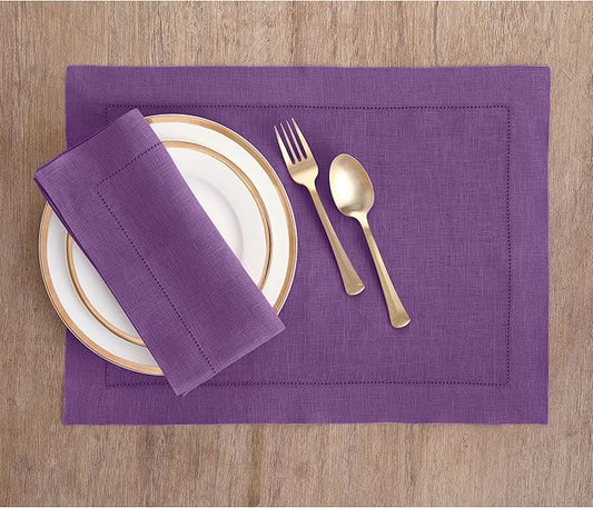 Solino Home Purple Linen Napkins Set of 4-100% Pure Linen Hemstitch Dinner Napkins 20 x 20 Inch for Winter, Valentines, Spring, Easter - Classic Hemstitch