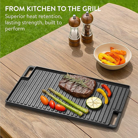 Navaris Reversible Cast Iron Grill/Griddle - 18.5" x 10.8"(47 x 27.5cm) Pre-Seasoned with Handles, Flat & Ribbed Rectangular Grill Plate, for Stove, Oven, Campfire, Heavy-Duty