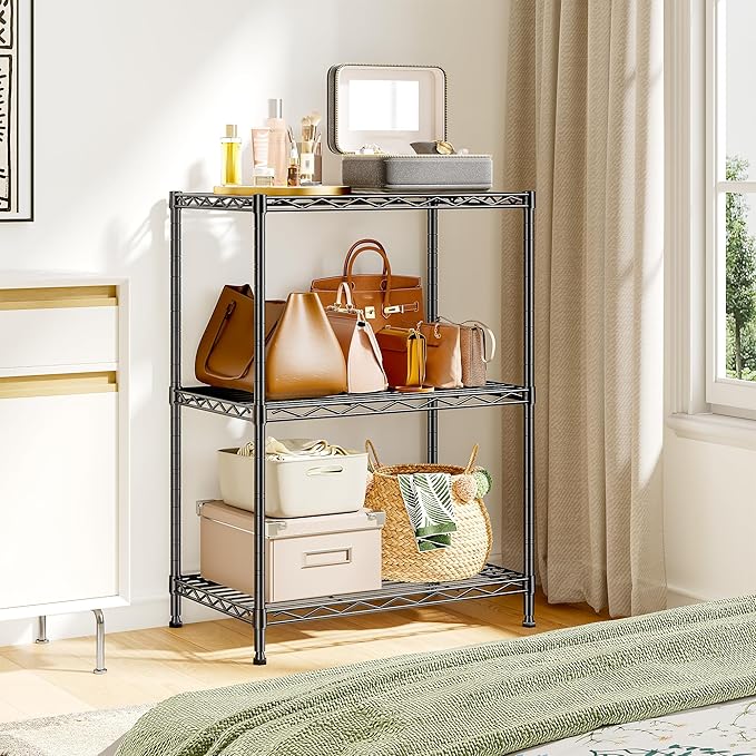 3 Tier Metal Wire Storage Shelves,Adjustable Small Wire Shelving Unit,Utility Storage Rack for Kitchen,Bedroom,Laundry Room,Pantry & Office,17.7”Wx11.8”Dx35.4”H,Black
