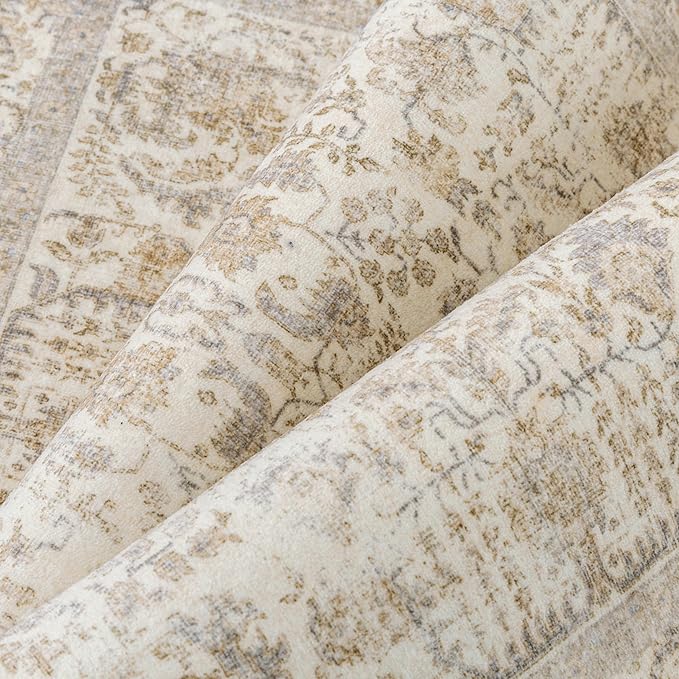Light Brown Runner Rug 2'6"x8' Washable Carpet for Hallway Kitchen Vintage Distressed Non Slip Indoor Retro Floral Bedroom Accent Throw Long Rug Bathroom Office Laundry Dining Living Room