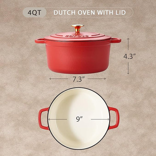 CAROTE Enameled Cast Iron Dutch Oven Pot with Lid, 4 QT Dutch Ovens, Heavy-Duty Cast Iron Pot for Sourdough Bread Baking, Braising, Stews, Roasting, Healthy & Non-Toxic, Dual Handles, All Stovetop Compatible, Oven Safe up to 500° F, Red