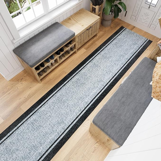 Ottomanson 2-Piece Kitchen Rug Set - Non Slip Runner & Washable Mat - 1'11" x 4' + 1'11"' x 5' - Durable, Stain Resistant for Entryway, Bedroom and Bathroom, Border Gray