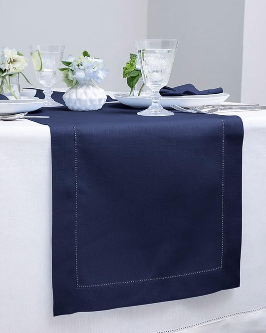 Solino Home Linen Navy Blue Table Runner 144 Inches Long - 100% Pure Linen Extra Long Table Runner 14 x 144 Inch for Easter - Classic Hemstitch