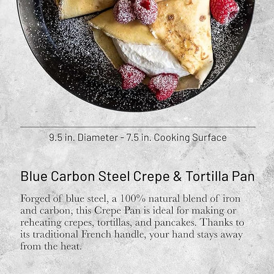 de Buyer Blue Carbon Steel Crepe & Tortilla Pan - 9.5” Diameter, 7.5” Cooking Surface - Ideal for Making & Reheating Crepes, Tortillas & Pancakes - Naturally Non-Stick Finish - Made in France