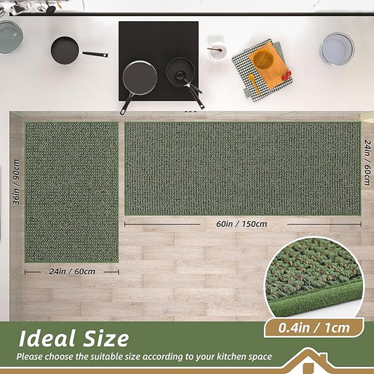 BEQHAUSE Kitchen Rugs and Mats 2PCS, Non-Slip Kitchen Mats for Floor, Absorbent and Stain Resistant Kitchen Runner, Machine Washable Rugs for Kitchen, Laundry & Sink, 24"x36"+24"x60", Green