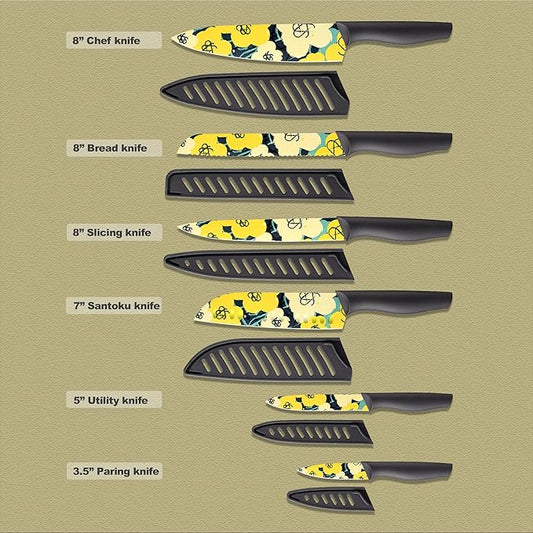 Marco Almond Knife Set Artistic Designed Pattern Kitchen Knife 6 Stainless Steel Kitchen Knives w 6 Blade Guards, Dishwasher Safe Knives for Family Kitchen Knives Set for Chefs