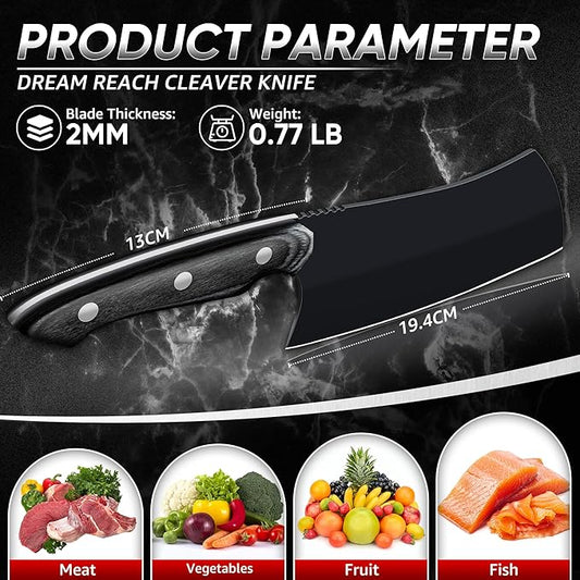 Dream Reach Meat Cleaver Knife- Full Tang Hand Forged Black Butcher Knife for Kitchen BBQ, Birthday Mother Father Gift
