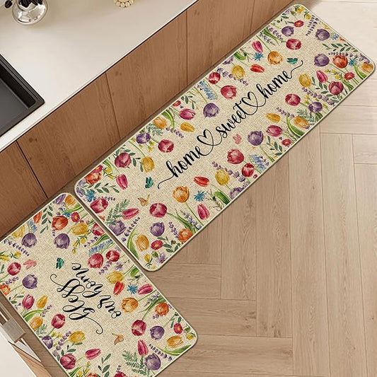 Tulip Lavender Easter Kitchen Mats for Floor Set of 2, Tulip Flower Spring Floor Mats, Non Slip Rubber Backing Kitchen Floor Mat and Rug Set for Kitchen Sink, Office, Laundry