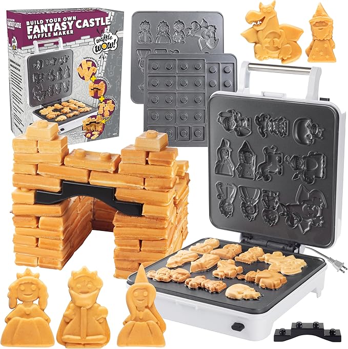 Fantasy Castle Waffle Maker- Bake & Build Castle of Waffles or Pancakes Shaped Like Bricks Knights Princesses Dragons & More- Electric Nonstick Iron w 4 Removable Dishwasher Safe Plates- Kids Gift