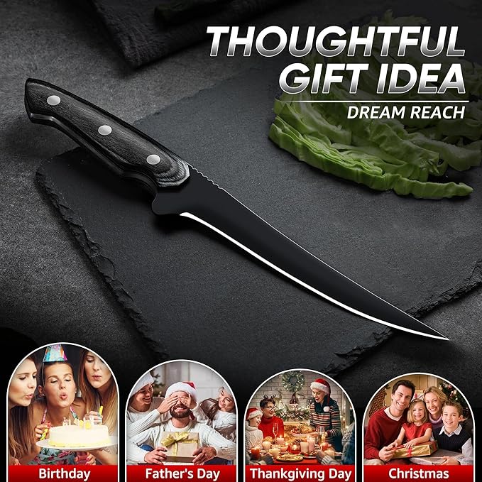 Dream Reach Fish Fillet Knife - Sharp Deboning Poultry and Meat Boning Knife Kitchen BBQ, Professional Fish Knives with Full Tang Handle