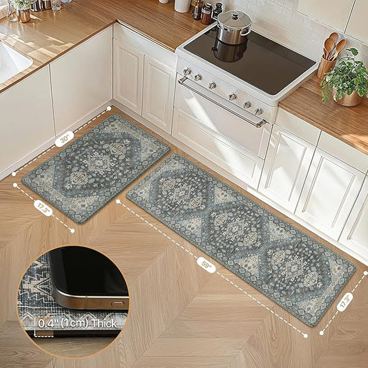GENIMO Kitchen Mats for Floor, 2PCS Kitchen Rugs Non Slip Washable, Waterproof Anti Fatigue Mat, Comfort Standing Runner Rug for Sink, Office, Laundry, Home, 17.3"x59"+17.3"x30", Blue Grey