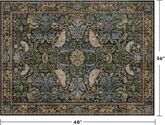 Large Entryway Rugs Indoor - 3x4 Washable Rugs for Kitchen Bedroom Beside Bed Door Mat Indoor Entrance with Moody Woodland Flowers, Non Slip Stain Resistant Low Pile