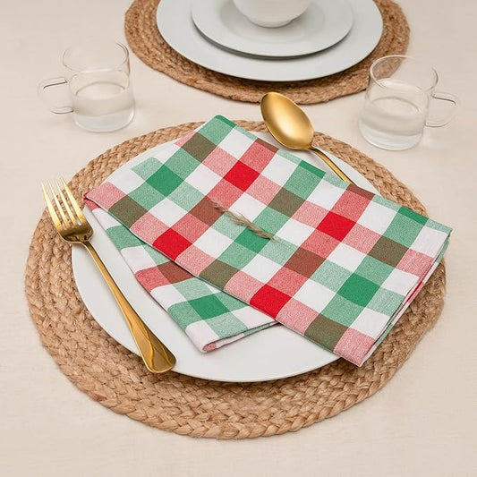 Blue Needles Gingham Buffalo Plaid Cloth Napkins 100% Cotton Set of 12 Dinner Table Christmas Napkins 18x18 inch Soft, Reusable, Washable for Parties & Everyday Use - Christmas White, Red & Green