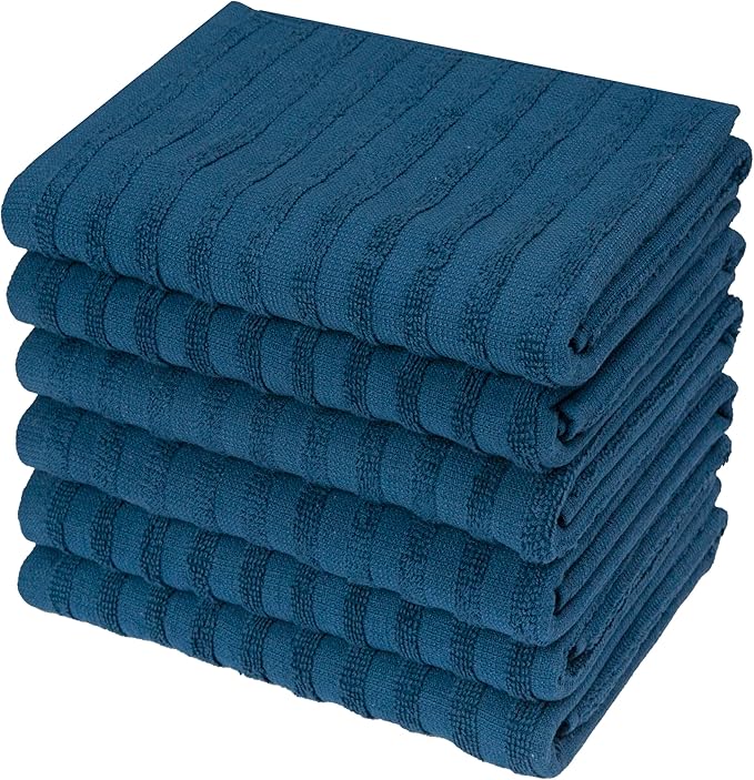 Premium Kitchen Towels (20”x 28”, 6 Pack) | Large Cotton Dish Towels 400 GSM | Highly Absorbent Terry Kitchen Linen Set with Hanging Loop | Blue Solid