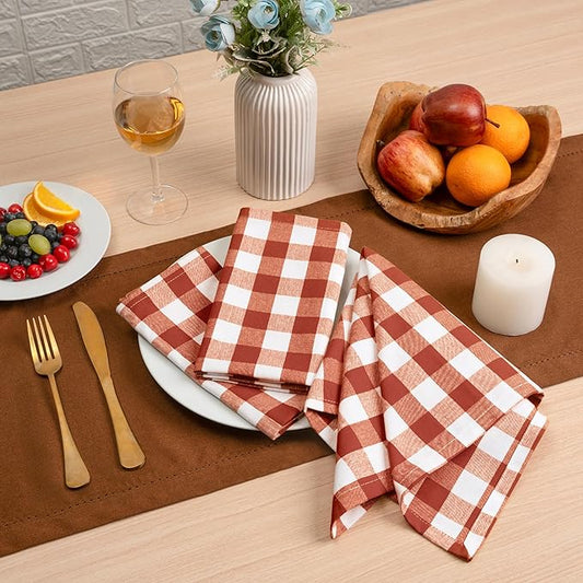 Blue Needles Gingham Buffalo Plaid Cloth Napkins 100% Cotton Set of 12 Dinner Table Napkins 18x18 inch Soft, Reusable, Washable Perfect for Wedding Parties & Everyday Use- Rust and Ivory