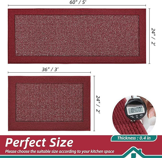 BEQHAUSE Kitchen Rugs and Mats Set of 2 Non-Slip Kitchen Mats for Floor, Absorbent and Stain Resistant Kitchen Runner, Machine Washable Rugs for Kitchen, Laundry & Sink, 24"x36"+24"x60", Red