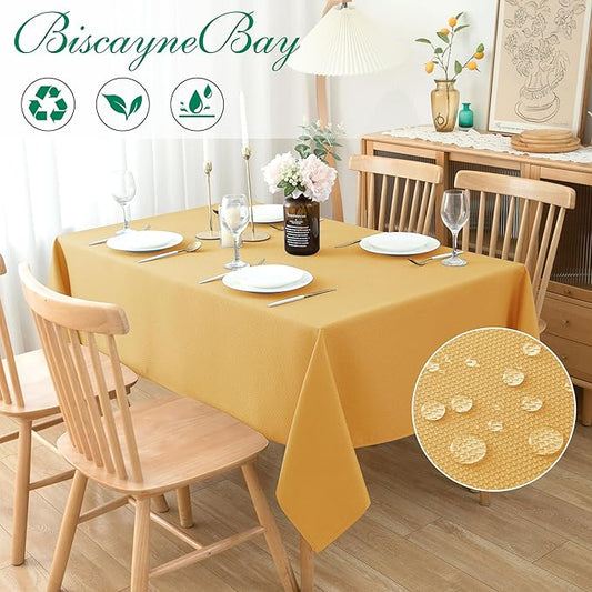 Biscaynebay Fall Tablecloth Textured Fabric 90x132 Inch Rectangular, Fall Gold Thanksgiving Autumn Harvest Water Resistant Fabric Tablecloths for Kitchen, Dining, Wedding, Parties Machine Washable