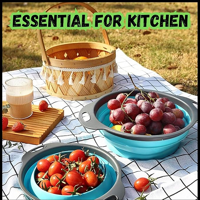 Collapsible Colander Set,Premium Food Grade Silicone Folding Strainers with Handles Space Saving Colanders for Draining Pasta,Vegetables & Fruits,Ideal for Kitchen & Travel (3pc(blue))