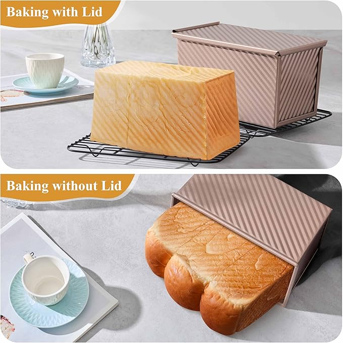 LIANYU 3 Pack Pullman Loaf Pan with Lid, 1 LB Nonstick Bread Loaf Pans Set, Heavy Duty Rectangle Bakeware with Cover for Homemade Sourdough Bread Sandwich, Rose Gold