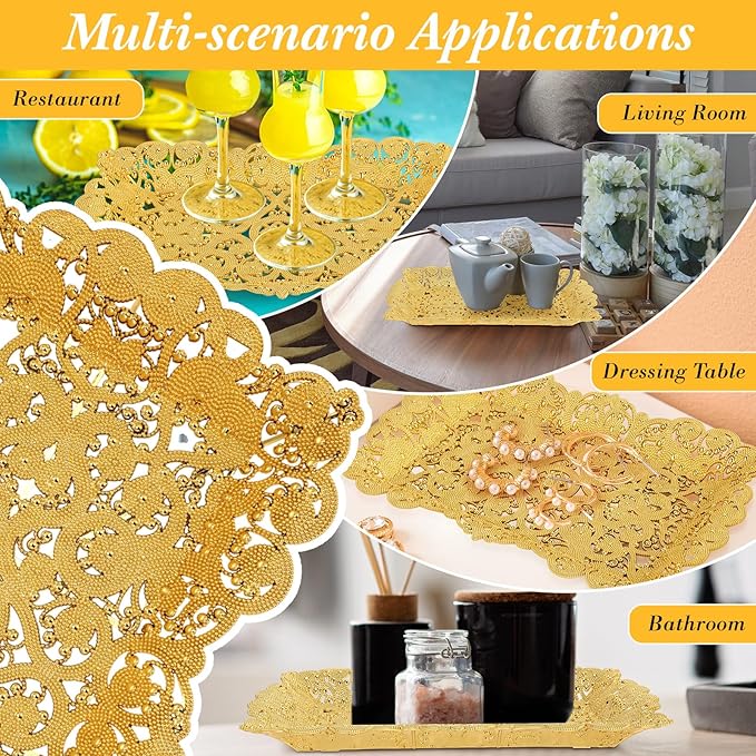 LemonRoad 10 Pcs Gold Plastic Serving Trays 16.1"x11" Decorative Hollow Lace Rectangle Platters Reusable Tea/Coffee/Dessert/Fruit Trays for New Year Holiday Wedding Birthday Party Table Decor