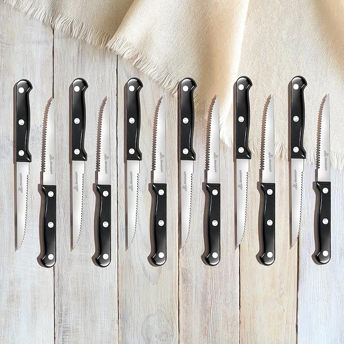Upgraded Steak Knives Set of 12, Uncoated Stainless Steel Serrated Steak Knife Set, 4.5 Inch Steak Knife with Ergonomic Handle and Sharp Blades, Dishwasher Safe Dinner Knives for Kitchen, Restaurant