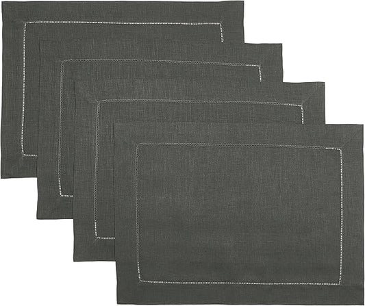 D'Moksha Homes Linen Placemats Set of 4 - Classic Hemstitch Charcoal Grey Placemats 14 x 19 Inch - 100% Pure Linen Table Mats for Spring, Easter - Handcrafted and Machine Washable