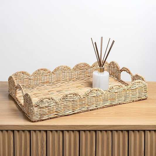 happimess TRY1000B Scalloped 21.5" Southwestern Cottage Hand-Woven Rattan Tray with Handles for Storage,Decoration, Display, Coffee Table or Serving Food, Light Brown
