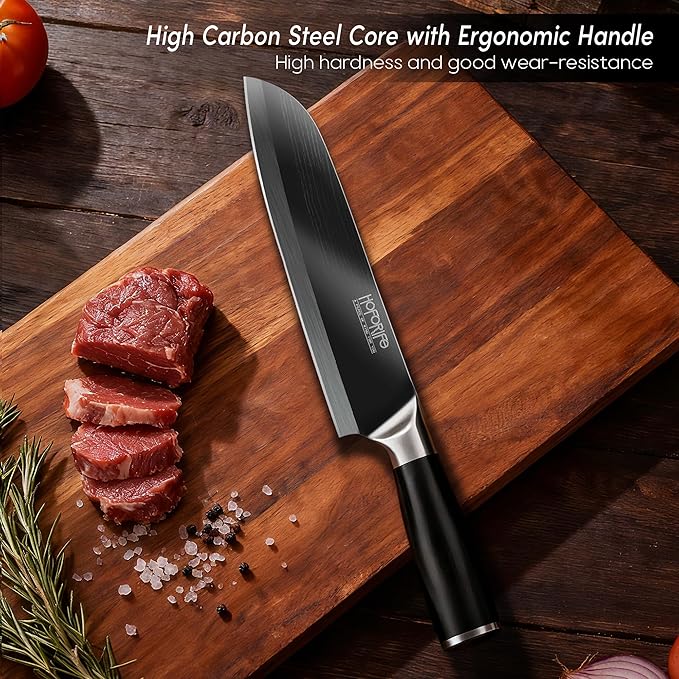 8" Santoku Knife, Japanese Hand Forged Chefs Knife High Carbon Steel Core with Black Wood Ergonomic Handle, Gift Box