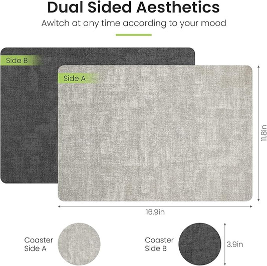 Placemats Set of 4, Faux Leather Heat Resistant Wipeable Placemats, Dual Sided Waterproof Washable Table Mats with Coaster, Suitable for Kitchen, Dining, Table Decor (4, Black Light Gray)