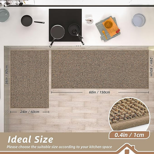 BEQHAUSE Kitchen Rugs and Mats 2PCS, Non-Slip Kitchen Mats for Floor, Absorbent and Stain Resistant Kitchen Runner, Machine Washable Rugs for Kitchen, Laundry & Sink, 24"x36"+24"x60", Taupe