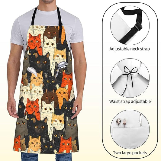 Cute Cat Faces Apron for Women,28x33in,Fun Kitten Kitchen Aprons with 2 Pockets,Oxford Fabric,Animal Playful Adjustable Apron for Cooking Baking Gardening Chef,Gifts for Mom Wife