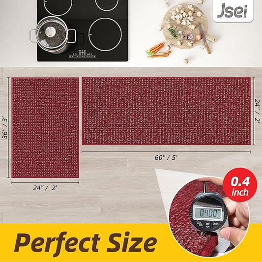 JSEI Kitchen Rugs and Mats, 2PCS Non-Slip Kitchen Mats for Floor, Machine Washable Absorbent and Stain Resistant Kitchen Runner, Carpet Mats with TPR Backing for, 24''x36''+24''x60'', Red