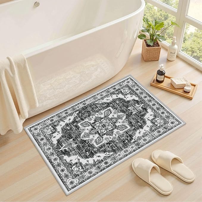 Tritard Non Slip Kitchen Rugs Sets of 3 Washable Kitchen Rug Boho Kitchen Mats for Floor Soft Kitchen Runner Rug Non Skid Kitchen Floor Carpet for Entryway Hallway Laundry Room, Black Grey