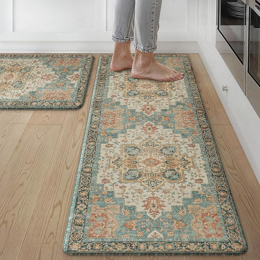 GENIMO Kitchen Mats for Floor 2PCs, Washable Anti Fatigue Mat for Cushioned, 17.3"x59"+17.3"x30", Waterproof Kitchen Rugs, Non Slip Comfort Standing Mat Rug for Home, Laundry, Lake Blue