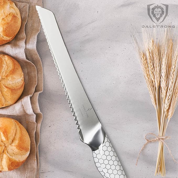 Dalstrong Serrated Bread Knife - 8 inch - Frost Fire Series - High Chromium 10CR15MOV Stainless Steel - Frosted Sandblast Finish - White Honeycomb Handle - Slicing - Leather Sheath - NSF Certified