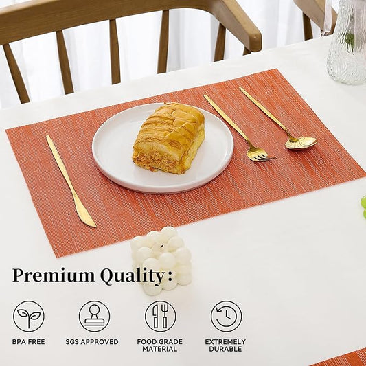 Leetaltree Orange Placemats Set of 6 - Heat Resistant Non-Slip Place mats for Dining Table, Washable Durable PVC Vinyl Woven Table Mats(Orange, 6)