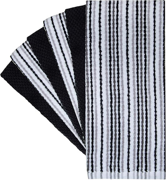 Popcorn Stripe Cotton Kitchen Towels - 6 Pack | 16'x26' | Highly Absorbent 400 GSM | Black