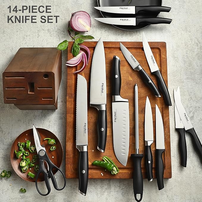 Knife Block Set, FIKSHOT Kitchen Knife Sets, High Carbon Stainless Steel Full Tang, Razor-Sharp Blade Rust Resistant, Professional Chef's Knives for Home Cooking (BLACK)