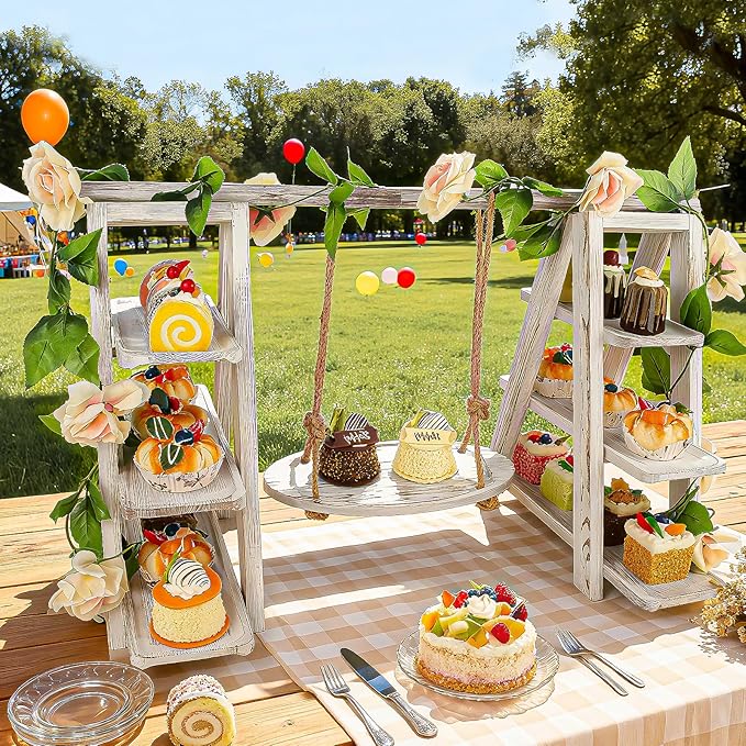 Wooden 3 Tier Cupcake Stand with Swing and Flower Decoration Serving Removable Tray Display Serving Ladder Foldable Stand with Serving Platter Tray Party Food Display Set for Cake Snack Fruit Chips Bread Centerpieces Catering