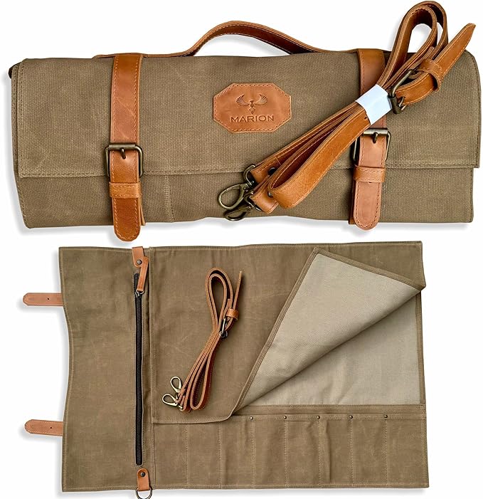 Le Voyageur Sand by Marion - Waxed Canvas with Genuine Calf Top Grain Leather - Handmade Professional Chef Knife Storage Roll Bag - 8 Pockets and Zippered Pocket, Sand