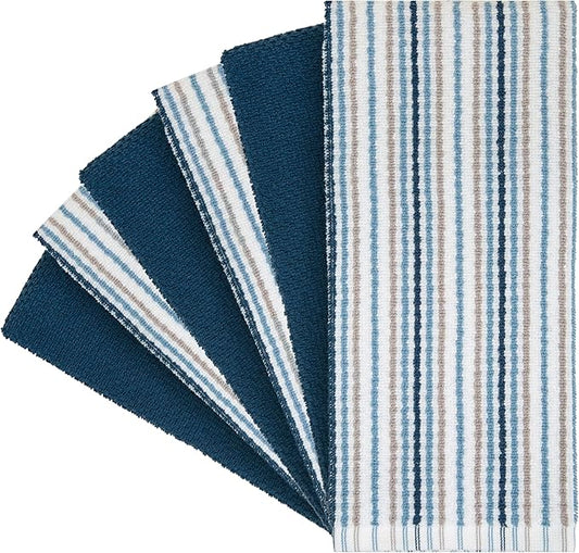 Kitchen Towels 16”x 26” - 6 Pack | Large Cotton Kitchen Hand Towels | Dish Towels | Popcorn Stripe Design | 430 GSM Highly Absorbent Tea Towels Set with Hanging Loop | Dish Towels for Kitchen | Blue