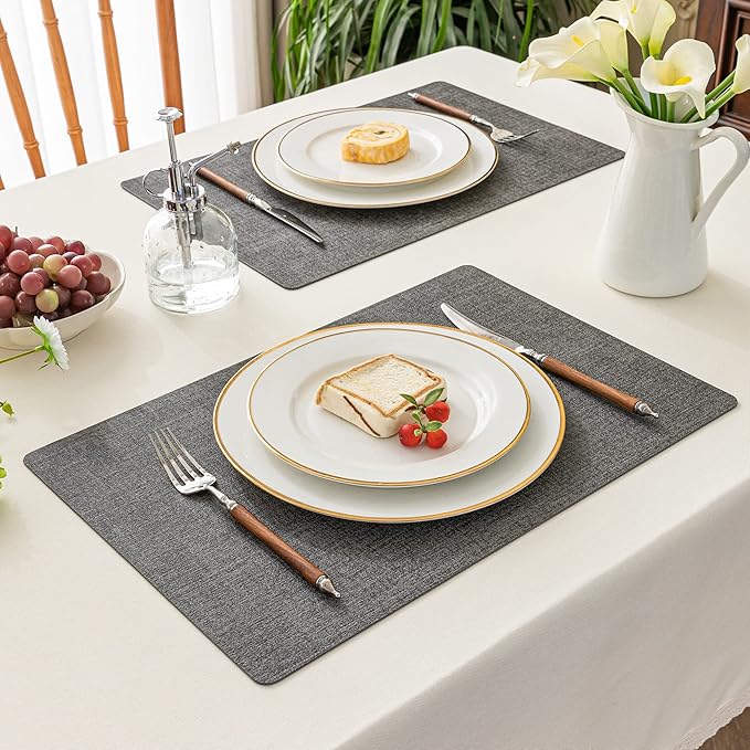 Romanstile Vinyl Placemats Set of 4-12 X 17 Inch - Heat Resistant Place Mats 100% Waterproof Oilproof Wipeable Reversible Faux Leather Table Mats for Kitchen, Dining, Party, Outdoor, Dark Grey