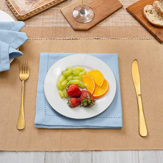 Blue Needles Set of 6 Hemstitch Linen Napkins 100% Cotton Ice Blue Cloth Dinner Napkins 18x18 inches, Soft, Reusable, Absorbent, Washable, Ideal for Wedding Events, Parties & Everyday Use