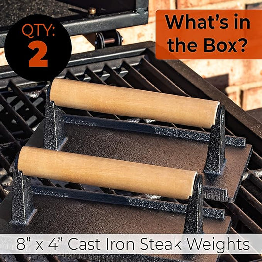 Versatile, Safe-Touch 8x4in Cast Iron Grill Weight 2pk. Perfect Meat Press With Wooden Handle for Crispy Bacon, Evenly Cooked Steak and Healthier Burgers. Great for Flat Top, Oven, Griddle and Skillet
