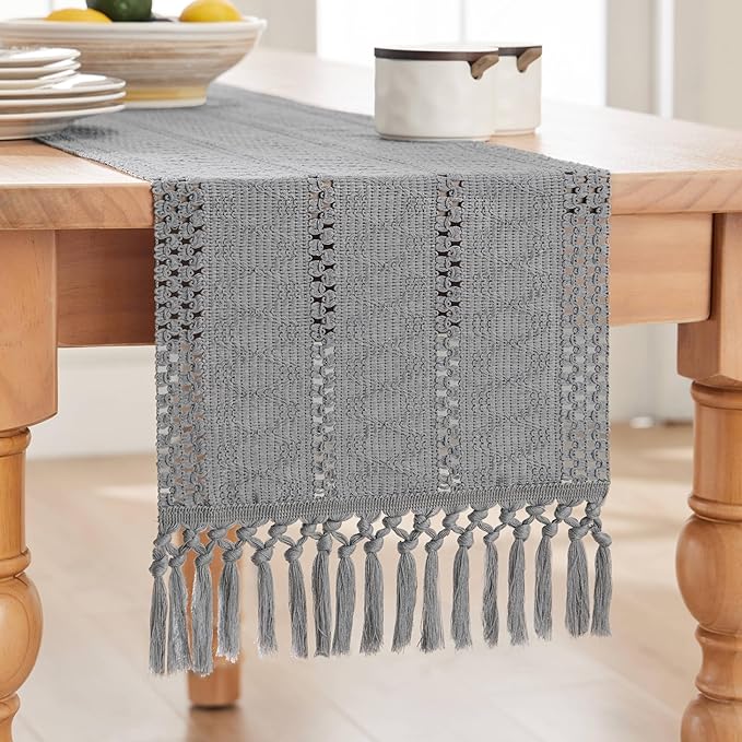 ZeeMart Macrame Style Boho Table Runner, Blue Grey Table Runners 72 Inches Long, Farmhouse Woven Home Decor, 12x72 Inch, Light Blue Grey