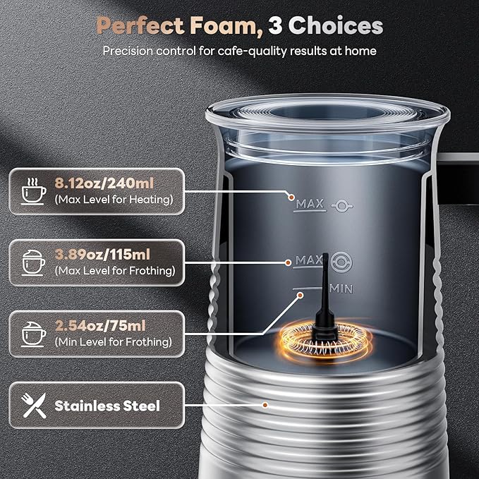 AROMASTER Milk Frother, 4 IN 1 Electric Milk Frother and Steamer for Coffee, Lattes, Cappuccinos, Automatic Hot Dense/Airy Foam & Cold Foam Maker, Perfect for Home, Kitchen, Office Use
