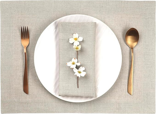 D'Moksha Homes Linen Natural Placemats Set of 6-100% Pure Linen Placemats 14 x 19 Inch for Valentines, Spring, Easter - Handcrafted and Machine Washable