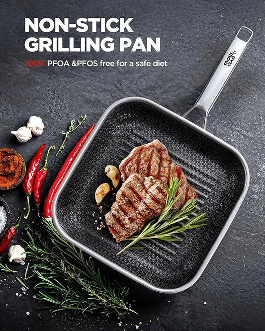 SNOWCLAD Nonstick Grill Pan,12 Inch Square Steak Grilling Pan for Indoor Cooking & Outdoor Grilling, Non Stick Stainless Steel Grill Skillet Steak Pan, PFOA Free cookware