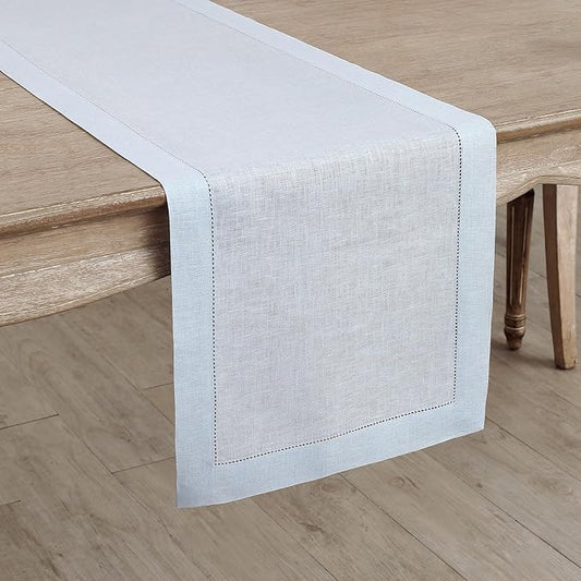 Solino Home Linen Light Blue Table Runner 108 Inches Long - 100% Pure Linen 14 x 108 Inch Table Runner for Winter, Spring, Easter - Classic Hemstitch